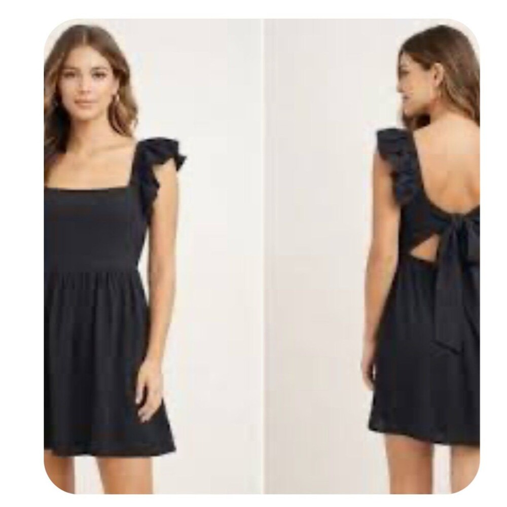 Black Square Neck Ruffle Sleeve Mini Dress with Cutout Bow Back XS